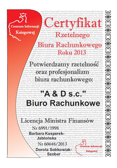 Certyfikat Rzetelnego Biura Rachunkowego 2013